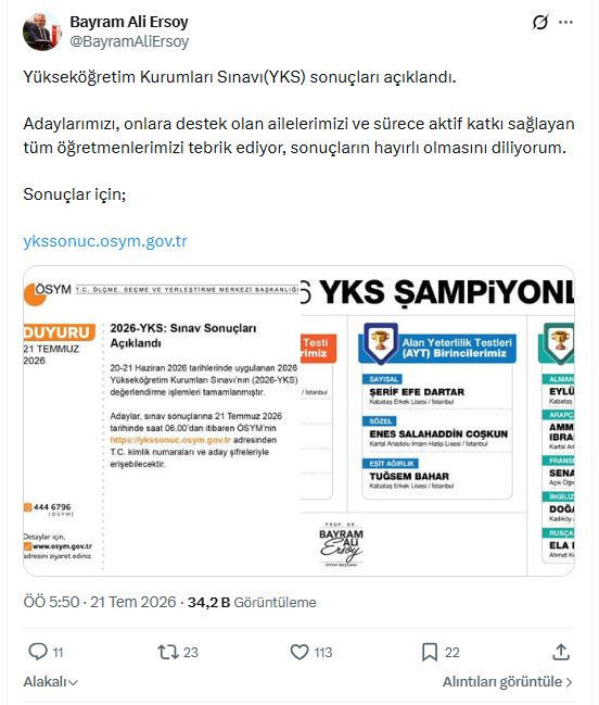 ÖSYM 2026 YKS sonuçlarını açıkladı Bayram ali nhta